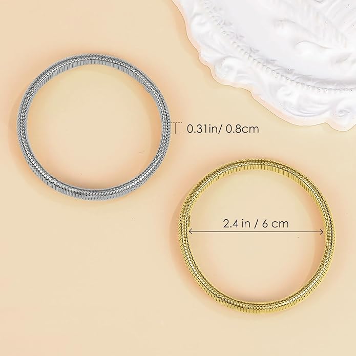 Emibele Gold Bangles Bracelet Set for Women, 18K Gold Plated Chunky Stainless Steel Non Tarnish Stretch Bracelet Stack, Flexible Wide Wristband Bangle Layered Snake Chain Bracelets