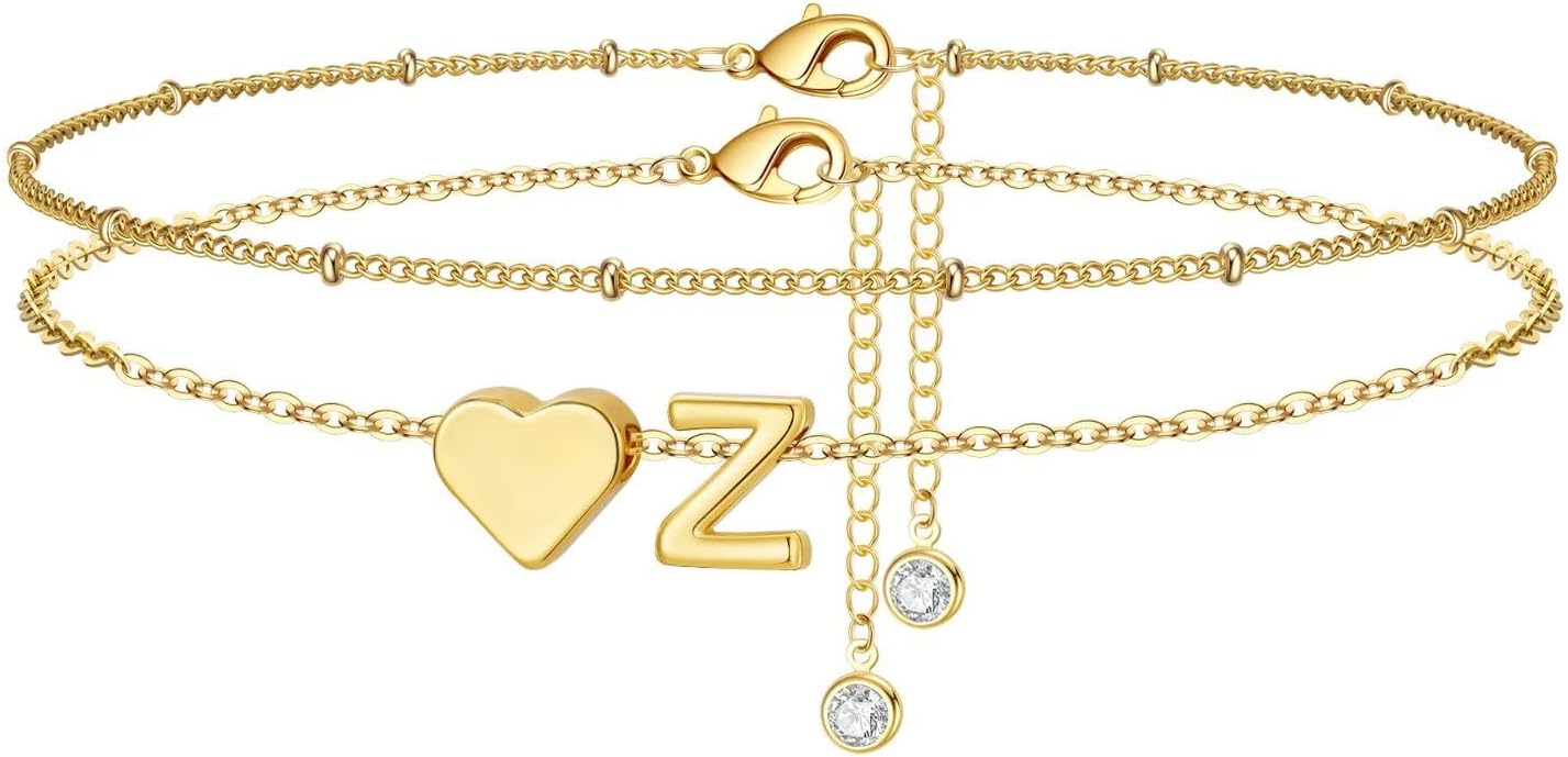 M MOOHAM Gold Initial Ankle Bracelets for Women - Layered Heart Letter A-Z Initial Dainty Gold Anklets for Women Waterproof, Womens Anklets Jewelry Birthday Gifts Jewelry