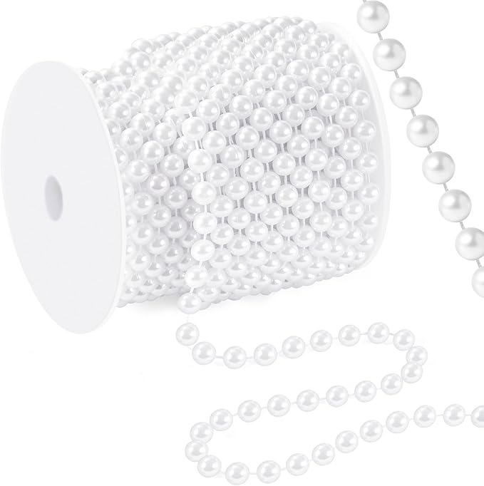 48 Feet Faux Pearl Garland, 8mm Pearl String Roll Strands, Extended String of Pearls Garland for Christmas Tree Wedding Party Decoration Centerpieces Flowers DIY Crafts (White)