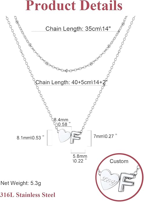 FOCALOOK Layered Initial Necklace for Women, 14K Gold Plated Choker Necklaces Stacks with Initial A-Z, Dainty Silver Heart Pendant Necklace Personalized Birthday Women Jewelry