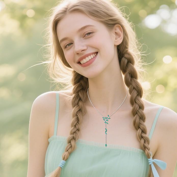 LONAGO Long Y-shaped Necklace for Women 925 Sterling Silver Leaf Pendant Cubic Zirconia Y Chain Necklace Jewelry Gift for Bride Wife