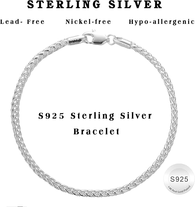 S925 Sterling Silver Bracelet for Women,3mm Wheat Sterling Silver Link Chain Bracelet for Women Jewelry Gift