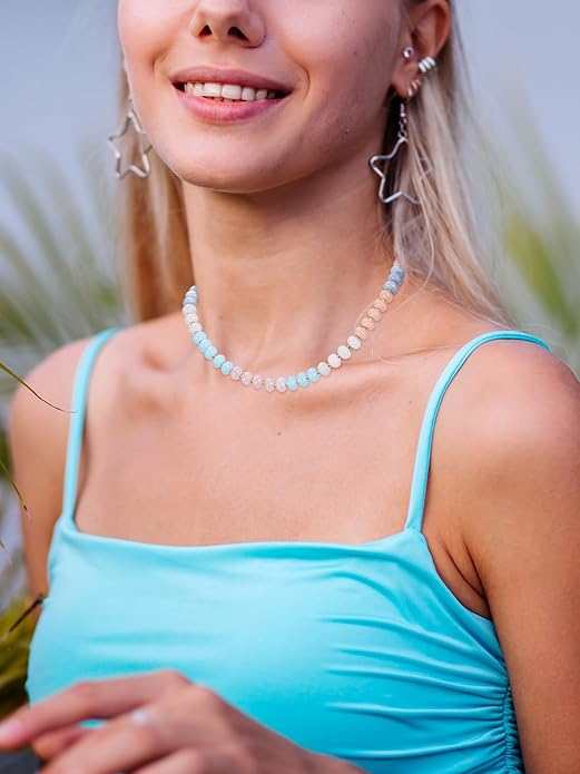 CrystalTears Beaded Gemstone Necklace for Women, Womens Colorful Boho Stone Bead Choker Necklace, Handmade Natural Crystal Stone Summer Beach Jewellery Gifts for Women Mom Christmas