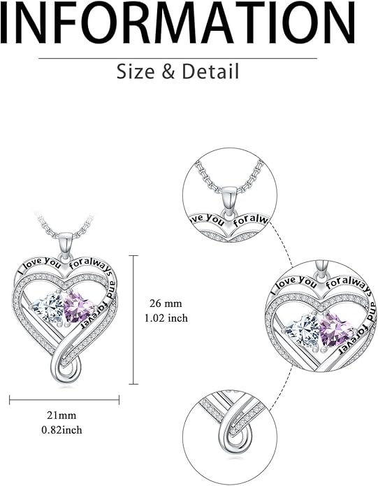 I Love You for Awlays and Forever Double Heart Necklace with Birthstone, 2 Birth Stone Jewelry Anniversary Valentines Mothers Day Christmas Birthday Gifts for Women Her Wife Girlfriend Mom Mother