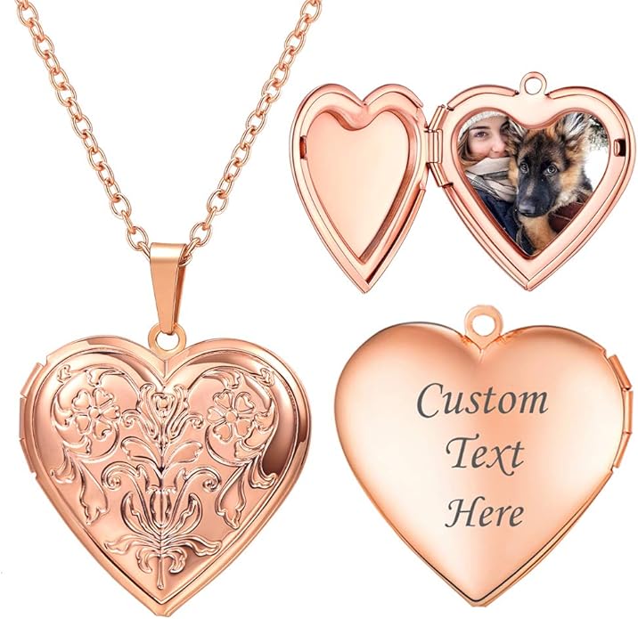 U7 Women Locket Necklace Platinum 14K Gold Photo Lockets that Hold Picture,Chain 20 Inch Personalized Gift Custom Love Heart Image Necklaces