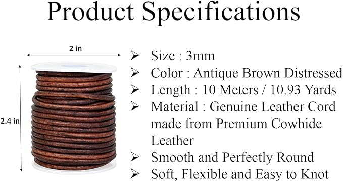 GENIQUE Real/Genuine Round Leather Cord for Jewelry Making, Leather String Cord for Crafting, Necklace, Bracelets, Braiding, Wraps (3mm, Antique Brown Distressed)