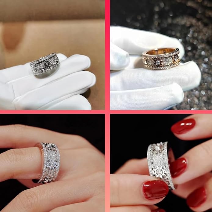 BEIBEINOYA Men's Spinner Ring for Anxiety - 14K Gold Plated Rotating Gear Ring with Moissanite, Kinetic Mechanical Jewelry, Stress Relief Fidget Ring for Men, Unique Gifts for Him