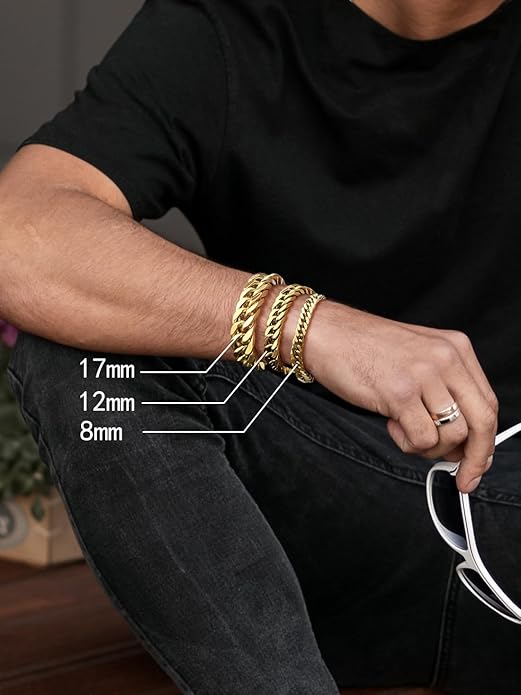 8/12/17mm Wide Cuban Link Bracelet for Men Father Gift 18K Gold/Black Plated Stainless Steel Bracelets 7.4-9 Inches(Gift Wrapped)
