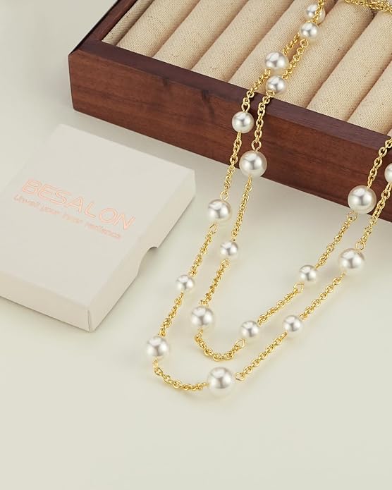 Gold Pearl Necklace for Women, Chunky 18K Gold Plated Layered Choker Chain - Double Layered Pearl Necklace, Trendy Gold Jewelry Birthday Gifts