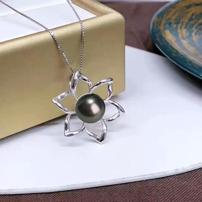 Tahitian Black Pearls Authentic South Sea Pearl Pendant Necklace 10.5mm Round 18K Gold Plated 925 Sterling Silver - Fine Jewelry Gifts for Women Wife Mom Daughter
