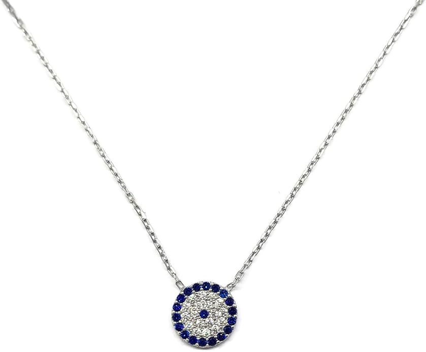 MYSTIC JEWELS - 925 Sterling Silver Necklace with Turkish Eye Necklace - Round with Cubic Zirconia