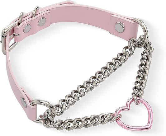 Black/Pink Leather Choker Necklace For Women, Handmade Adjustable Chain Collar with Metallic Heart Ring