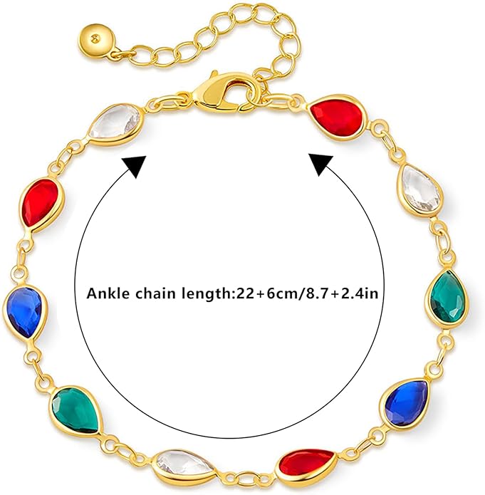 18K Gold Plated Anklet for Women Multicolor Crystal Ankle Bracelets Boho Adjustable Chain Anklets