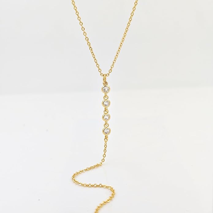 Zeffy Lariat Gold Necklace for Women, Dainty Long Necklace 14k Gold/Silver Plated Layered CZ Beaded Bar Chain Y-Shaped Body Chain Stack Drop Wedding Necklace Trendy Simple Gold Jewelry Gifts