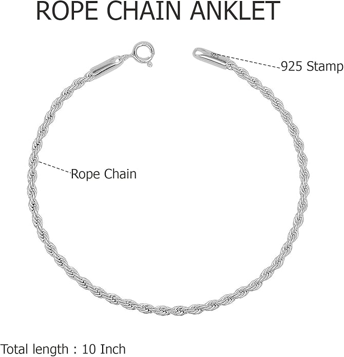 LeCalla 925 Sterling Silver Anklets for Women | Italian 1.8MM Diamond-Cut Braided Rope Chain Ankle Bracelet | Women's Ankle Bracelets Jewelry Gift for Wife, Mom – Birthday, Anniversary & Valentine’s Day
