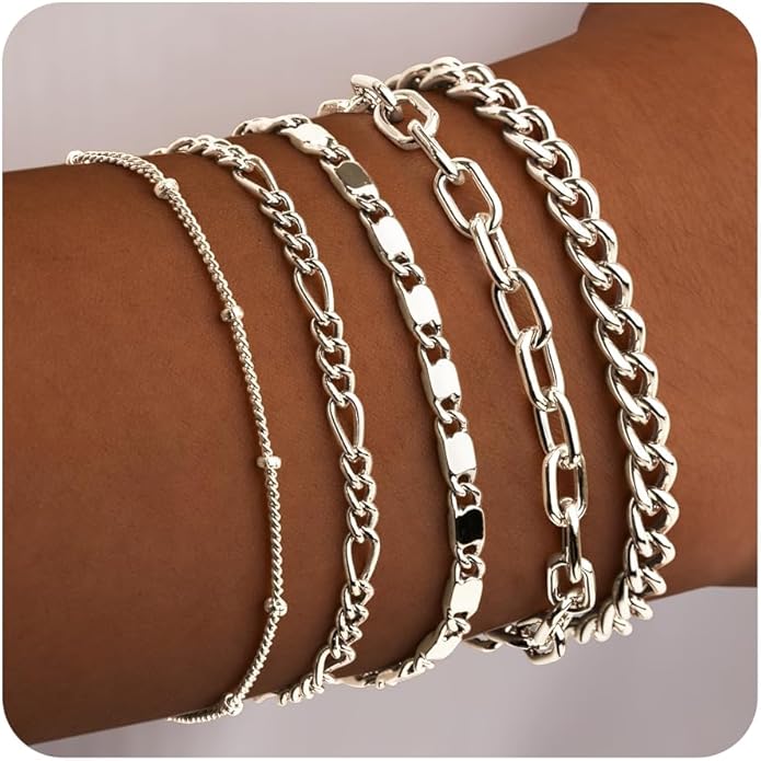 Gold Bracelets for Women Trendy,14K Gold Plated Dainty Stackable Paperclip Cuban Link Chain Bracelets, Simple Cute Cuff Bracelets Jewelry Set Adjustable 7"+2"
