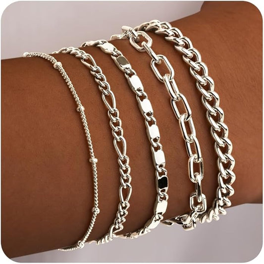 Gold Bracelets for Women Trendy,14K Gold Plated Dainty Stackable Paperclip Cuban Link Chain Bracelets, Simple Cute Cuff Bracelets Jewelry Set Adjustable 7"+2"