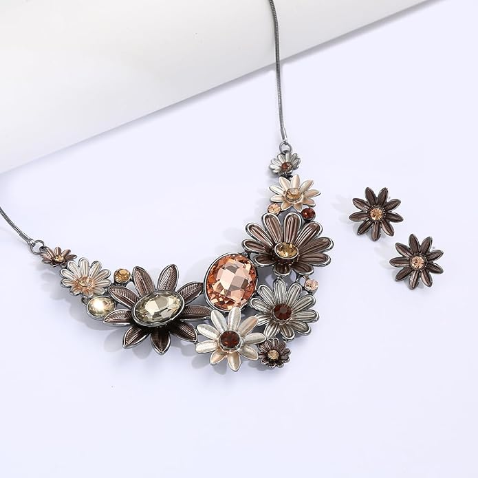 Chunky Statement Jewelry Set Vintage Retro Leaf Flower Floral Geometric Bohemian Boho Bib Necklace Earring Set Fashion Costume Jewelry for Women Girls Wedding Party Prom Unique Gift