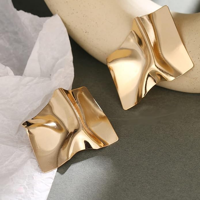 Statement Geometric Square Earrings for Women,14K Gold Plated Large Fashion Texture Irregular Minimalism Earrings,Trendy Ripple Boho Drop Dangle Earrings,Metal Modern Rectangle Retro 80s Jewelry