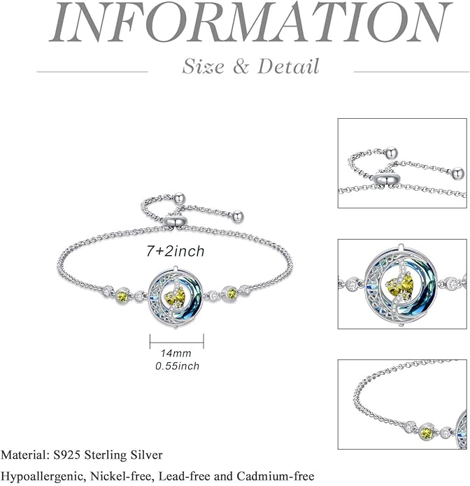 TOUPOP Birthstone Bracelet Moon and Star Bracelet 925 Sterling Silver Blue Crystal Jewelry Birthday Christmas Gifts for Women