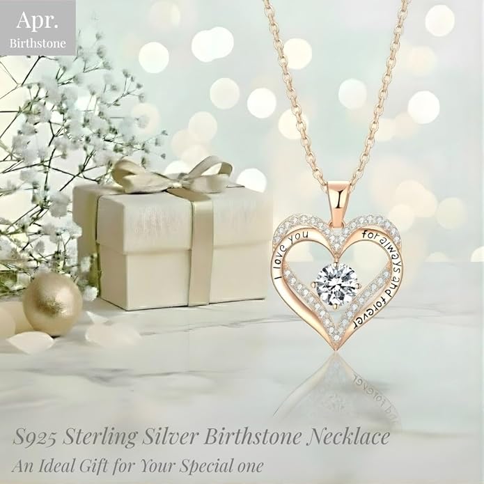 Birthstone Heart Necklace for Women Wife Girlfriend Mom Daughter Gifts S925 Silver Jewelry For Anniversary Rose Gold Gifts For Birthday Christmas Mothers Valentines Day