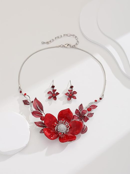 Chunky Statement Jewelry Set Vintage Retro Leaf Flower Floral Geometric Bohemian Boho Bib Necklace Earring Set Fashion Costume Jewelry for Women Girls Wedding Party Prom Unique Gift