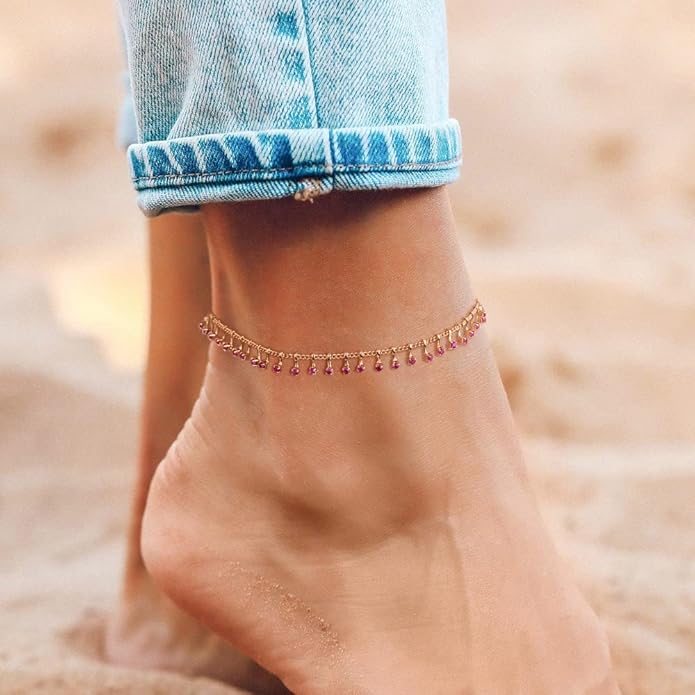MTMY Gold Anklets for Women 14K Gold Plated Tiny Bead Anklet Colorful Tassel Foot Chain Dainty Adjustable Cute Summer Beach Boho Anklets Jewelry Gift