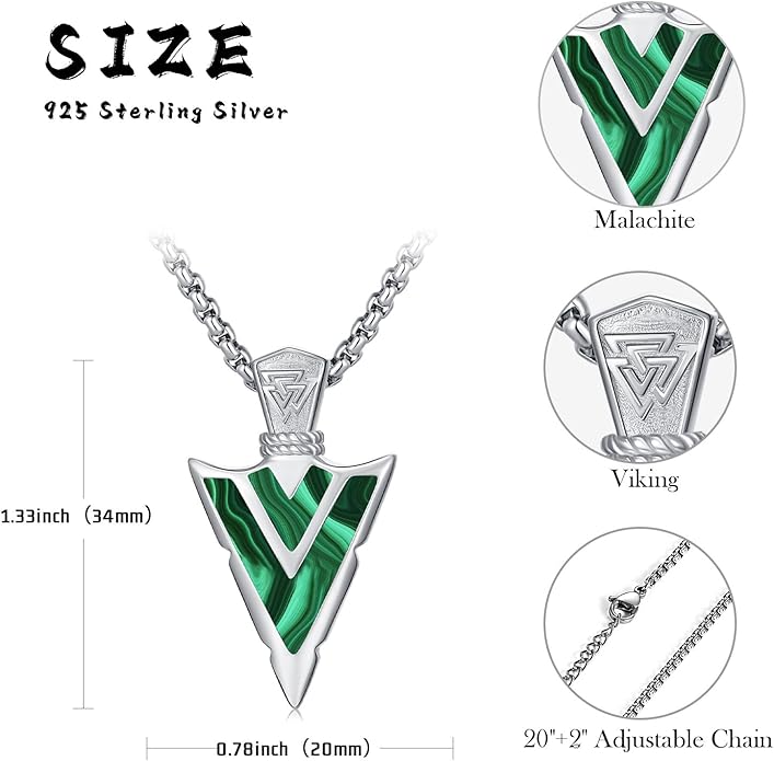 Suiknsn Arrowhead Necklace for Men Women 925 Sterling Silver Turquoise Malachite Celtic/Eye of Horus/Viking Arrow Pendant Amulet Jewelry Gifts Native American Necklace