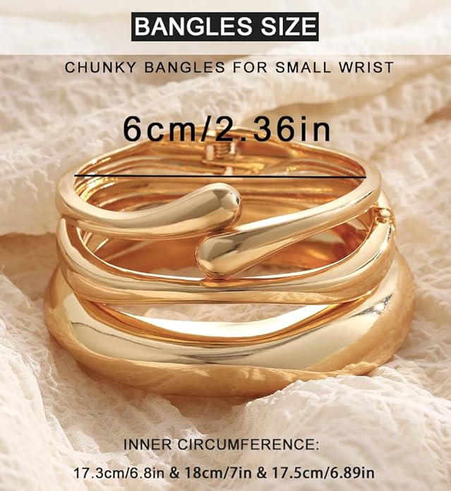 Chunky Gold Bangle Bracelets for Women, Dainty 14k Gold Plated Big Stackable Bangles Set, Trendy Statement Cuff Bracelet Stack Fashion Jewelry Gifts