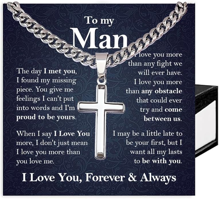 SUTERY Cross Cuban Chain Necklace - Promise Necklace for Him, Necklace for Boyfriend, Mens Necklace for Fiance, Valentine's Day