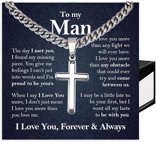 SUTERY Cross Cuban Chain Necklace - Promise Necklace for Him, Necklace for Boyfriend, Mens Necklace for Fiance, Valentine's Day