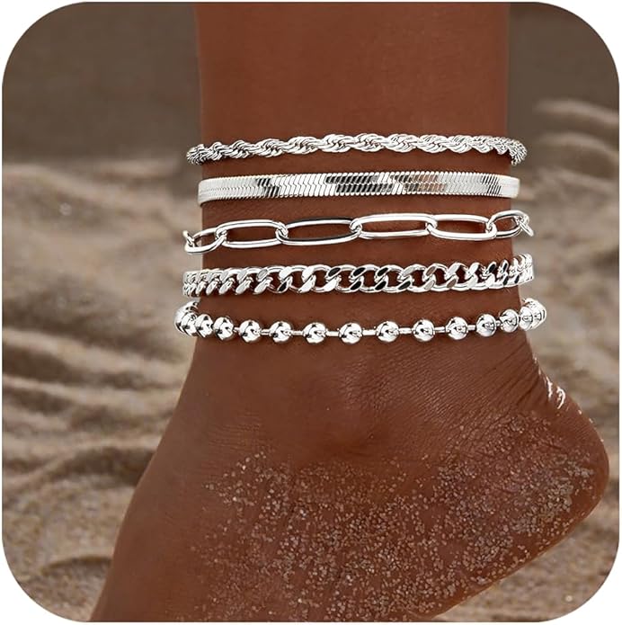 Sterling Silver Anklet Bracelets for Women Waterproof, 925 Sliver Plated CZ & Heart Charm Dainty Layer Anklets for Women Trendy, Simple Chain Anklets Set Gifts for Women, Jewelry Gifts for Her Women Mom Wife Girlfriend