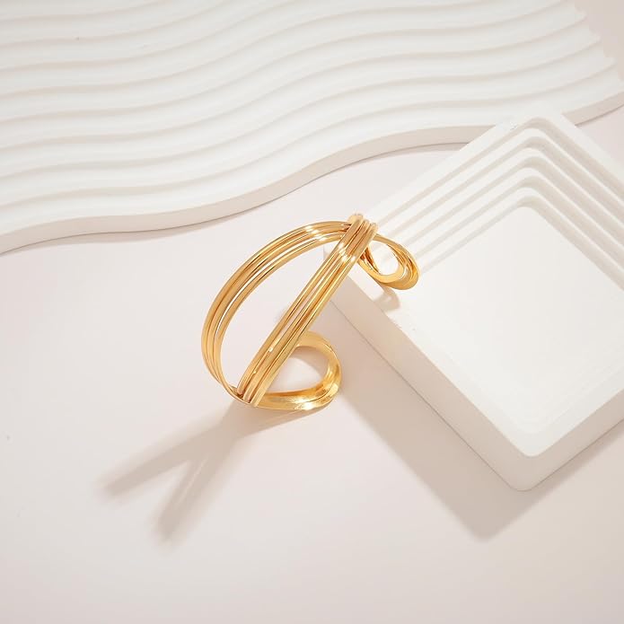 Gold Cuff Bracelet for Women Chunky Multi-layer Cross Wire Open Bracelet Hollow Wide Cuff Bracelets Adjustable Gold Open Cuff Bangle Bracelet
