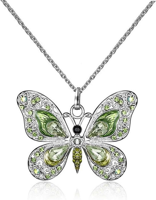Vintage Multicolor Butterfly Necklace Bohemian Multicolor Enamel Butterfly Necklace Rhinestone Butterfly Pendant Necklace Chain Enamel Ethnic Costume Jewelry for Women