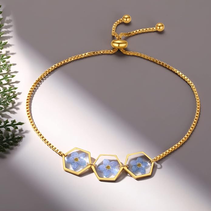 Forget-Me-Not Pressed Wildflower Bracelet | Pressed Flower Bracelet | Gold/Silver Pressed Flower Jewelry | Personalized Handmade Jewelry | Gift For Women