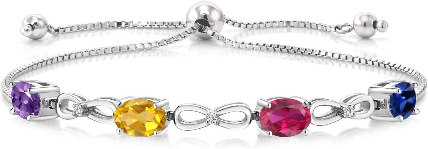Gem Stone King 925 Sterling Silver Customized and Personalized 4 Gemstone Birthstone and White Lab Grown Diamond Infinity Tennis Bracelet For Women (3.02 Cttw, Fully Adjustable Up to 9 Inch)