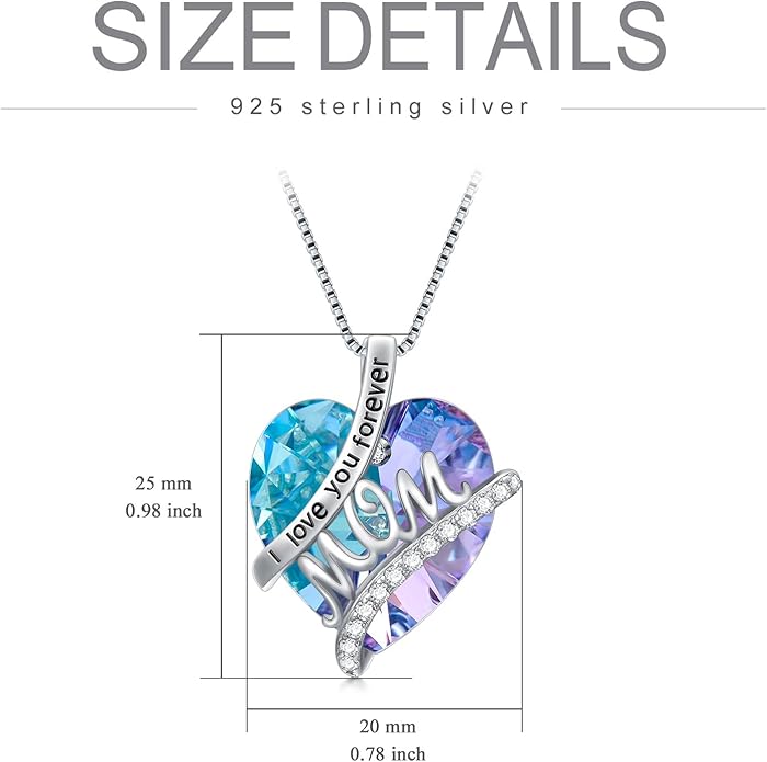 Mothers Day Gifts for Mom s925 Sterling Silver I Love You Forever Love Hear Mon Pendant Necklace with 12 Birthstone Jewelry Birthday Christmas Gifts for Women Grandma Mom Nana From Duaghter Son