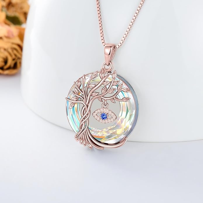 TOUPOP Evil Eye Necklace 925 Sterling Silver Tree of Life Circle Crystal Pendant Necklace Protection Jewelry Amulet Christmas Gifts for Women Her