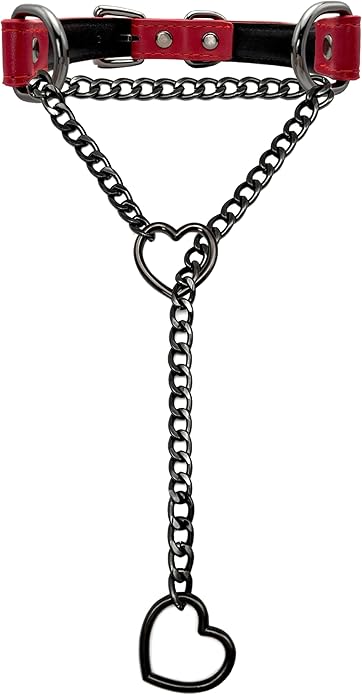Black Leather Choker Collar For Women, Handmade Heart Slip Chain Choker Long Necklace with Adjustable Buckle
