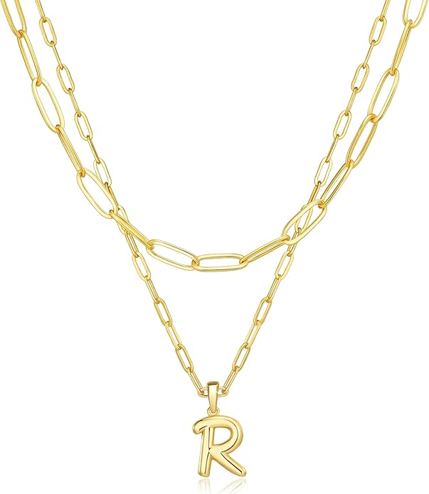 adoyi Gold Necklace for Women Layered Bubble Heart Letter Initial Necklaces for Women Trendy Jewelry 14K Gold Plated Chain Chunky Name Necklace Stack Charm A-Z Pendant Set Jewelry Gifts