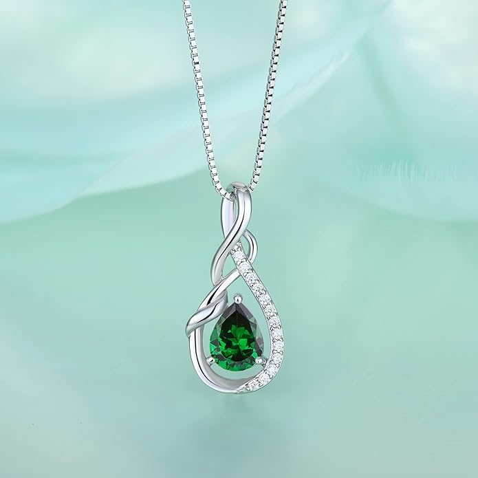 STARCHENIE 925 Sterling Silver Necklace Dangle Earrings for Women Infinity Twisted Teardrop Pendant May Birthstone Created Emerald Jewelry Set