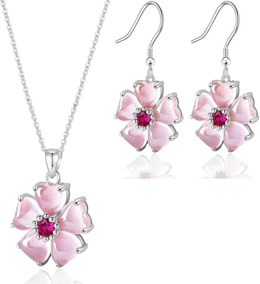 VONSSY Elegant Cherry Blossom Necklace Earrings Pink Cats Eye Flower Flora Sakura Gemstone Crystal Pendant 18k Gold Plated Chain Jewelry Set Gift for Woman Wife Girlfriend