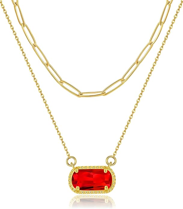 Lourny Gemstone Birthstone Pendant Layered Necklace for Women Trendy, 18K Gold Plated Paperclip Chain Preppy Choker Charm Necklace for Women Wife Jewelry