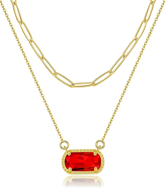 Lourny Gemstone Birthstone Pendant Layered Necklace for Women Trendy, 18K Gold Plated Paperclip Chain Preppy Choker Charm Necklace for Women Wife Jewelry