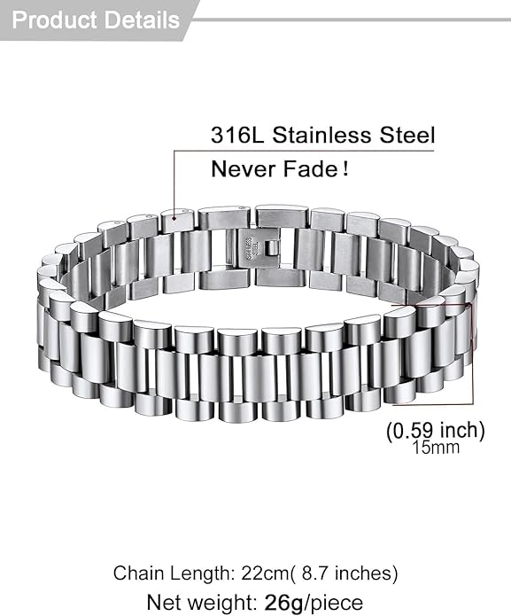U7 Link Bracelets for Men, Cuban Link/Rope/Watch Band Solid Bracelet, Silver Black Gold Color Wrist Bracelet 3/6/9/12/15mm Width, 6.5/7.5/8.3 Inch Length, Hand Chain Jewelry for Mens Women