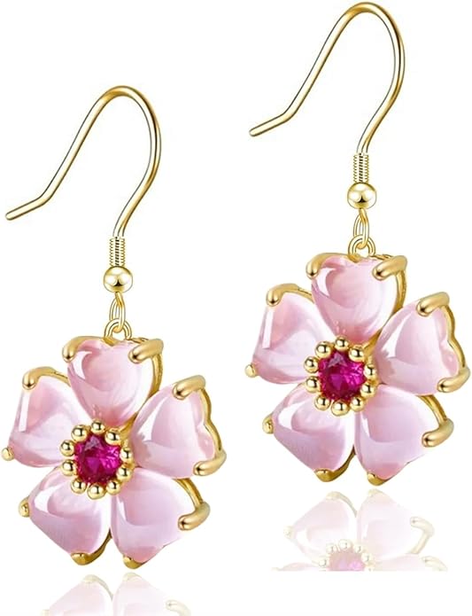 VONSSY Elegant Cherry Blossom Necklace Earrings Pink Cats Eye Flower Flora Sakura Gemstone Crystal Pendant 18k Gold Plated Chain Jewelry Set Gift for Woman Wife Girlfriend