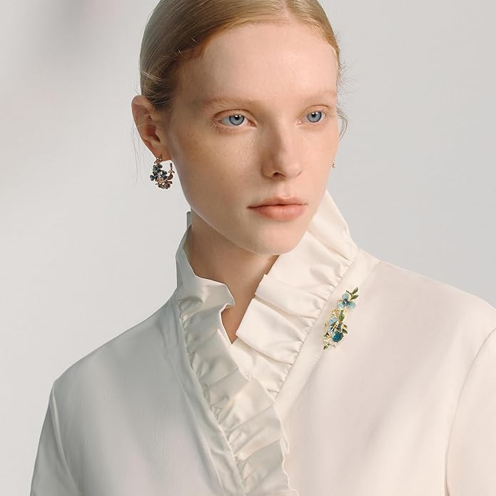 Irises Flower brooches and pins for women, Hand-driping Oil brooch pins inlaid with artificial crystals, SHE'S FREE STYLE JUST FOR YOU Green leaf safety pins enameled jewelry pins and brooches