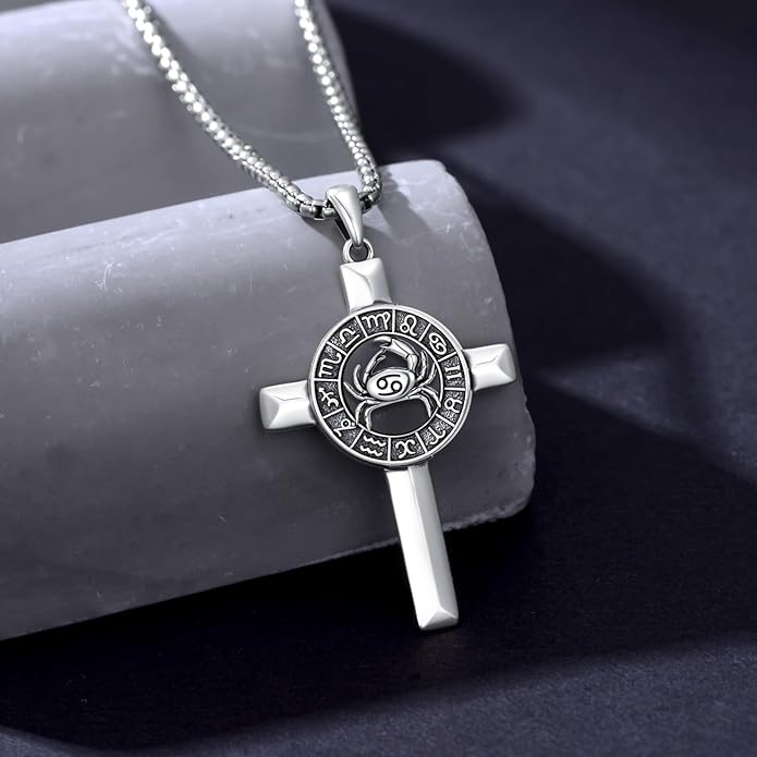 MEIDERBO Cross Zodiac Necklace 925 Sterling Silver 12 Constellation Horoscope Astrology Pendant Necklace Zodiac Sign Jewelry Gifts for Men Women