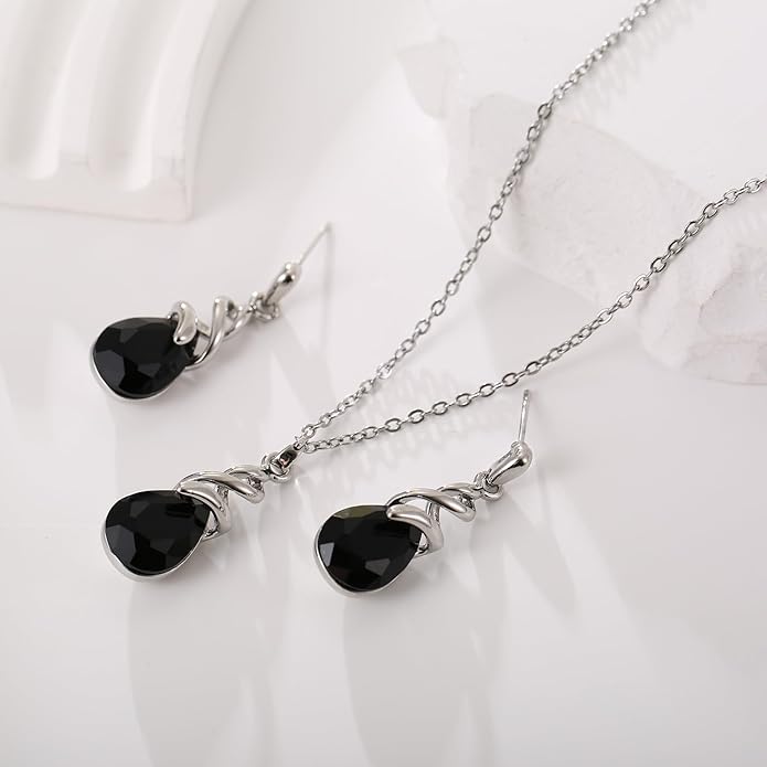 RUOFFETA Teardrop Crystal Jewelry Set, Birthstone Pendant Necklace Drop Dangle Earrings for Women