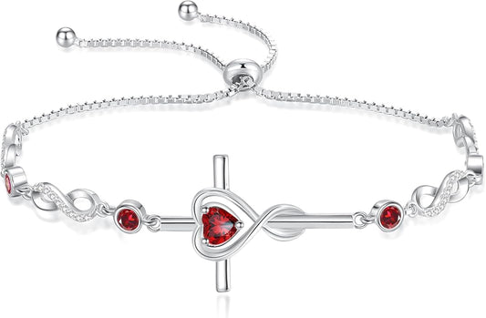 FANCIME Gift for Women Cross Bracelet 925 Sterling Silver Heart Birthstone Bracelet Fine Jewelry Birthday Gifts for Her Women